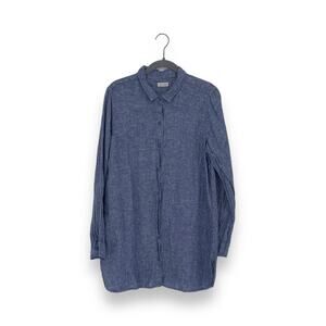 Garnet Hill Navy Blu 100% Linen Long Sleeve Button Up Shirt Top Blouse
